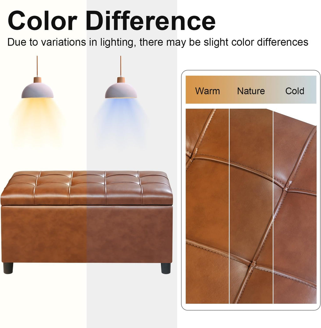 Joveco Storage Ottoman Bench, 32 Inches Faux Leather Rectangle Tufted Foot Stool for End Foot of Bed, Bedroom, Living Room, Creamy Caramel