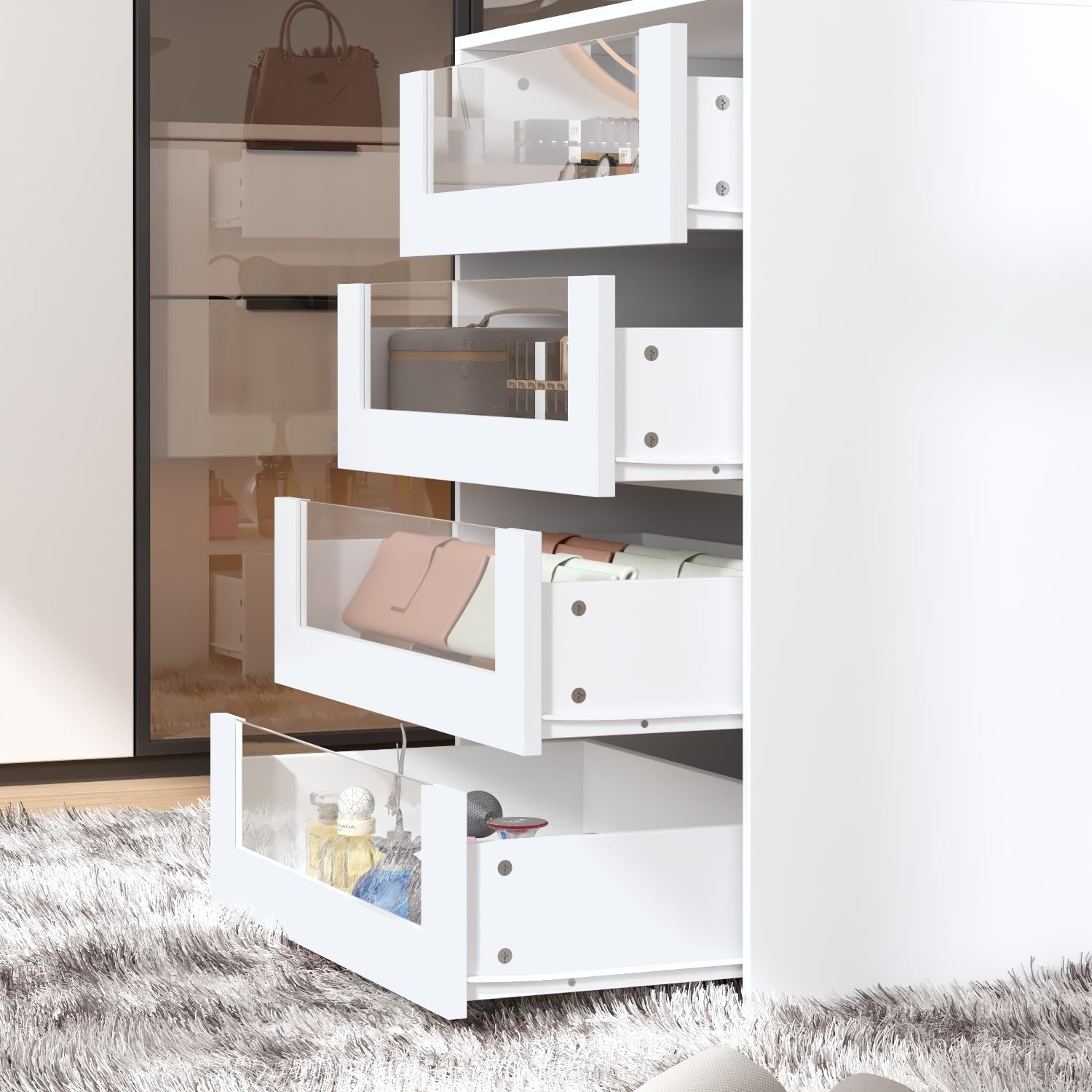 Armoire Bedroom Island Wardrobe Closet Island with 8 Drawers & Glass Tabletop, Walk in Closet Island with Drawers, Island Dresser with Display Shelf, for Bedroom White 47.2”W x 23.6”W x 31.5”H