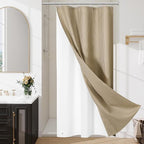 3 in 1 Stall Half Size Beige Shower Curtain Set-36 W x 72 H, Tan Waffle Waterproof Fabric and PEVA Liner Set with Stainless Steel Hooks
