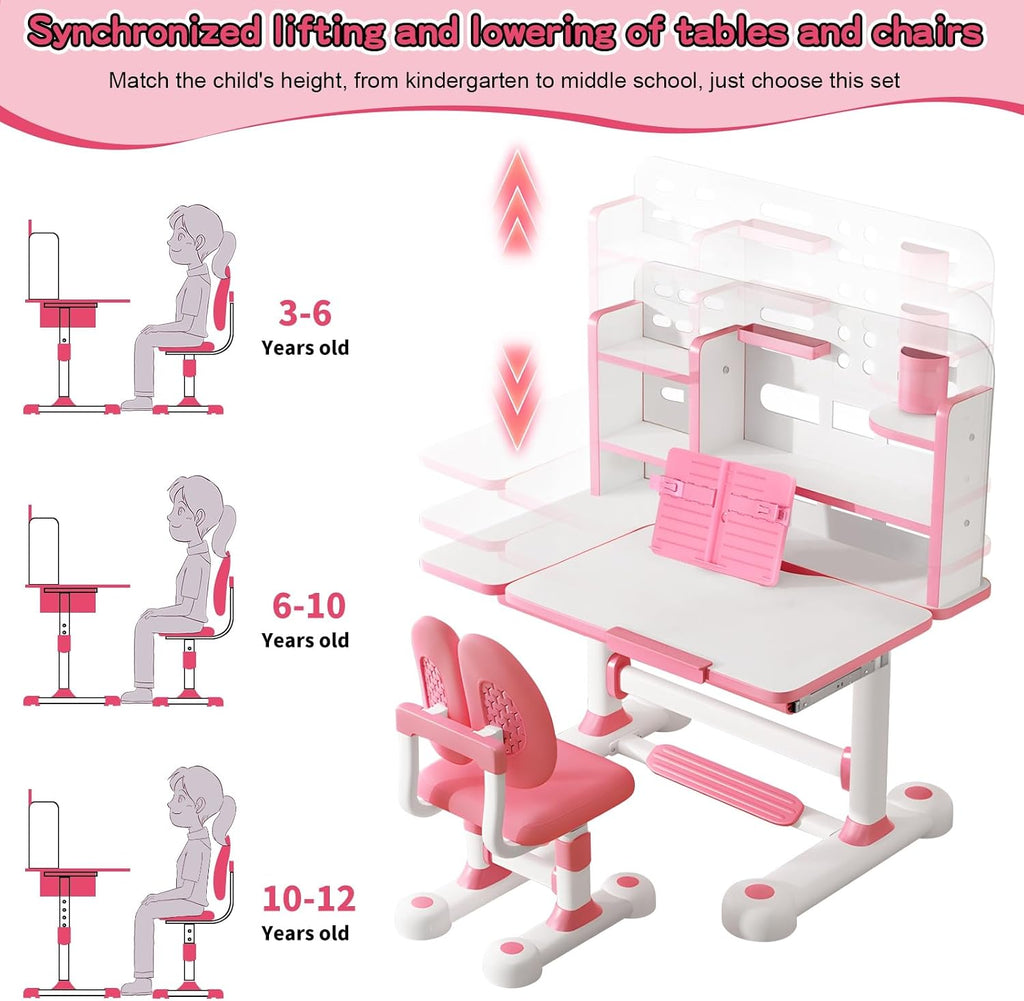 Kids Desk and Chair Set, Height Adjustable Kids Study Desk with Bookshelf and Storage Drawer, 50 Degree Tiltable Desktop Children’s Table and Chairs for Bedroom Study Room Pink