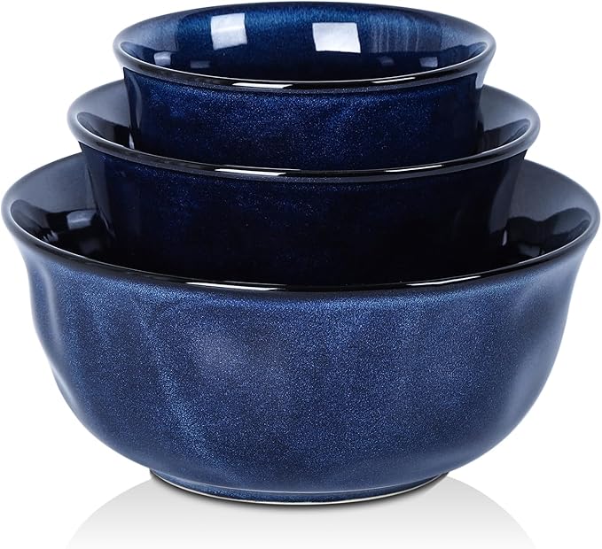 vicrays Ceramic Mixing Serving Bowl Set: Nesting Stoneware Kitchen Decorative Large Bowls for Prepping, Baking – Microwave Oven Dishwasher Safe – 9/7/5.7 inch, Set of 3 (Blue)