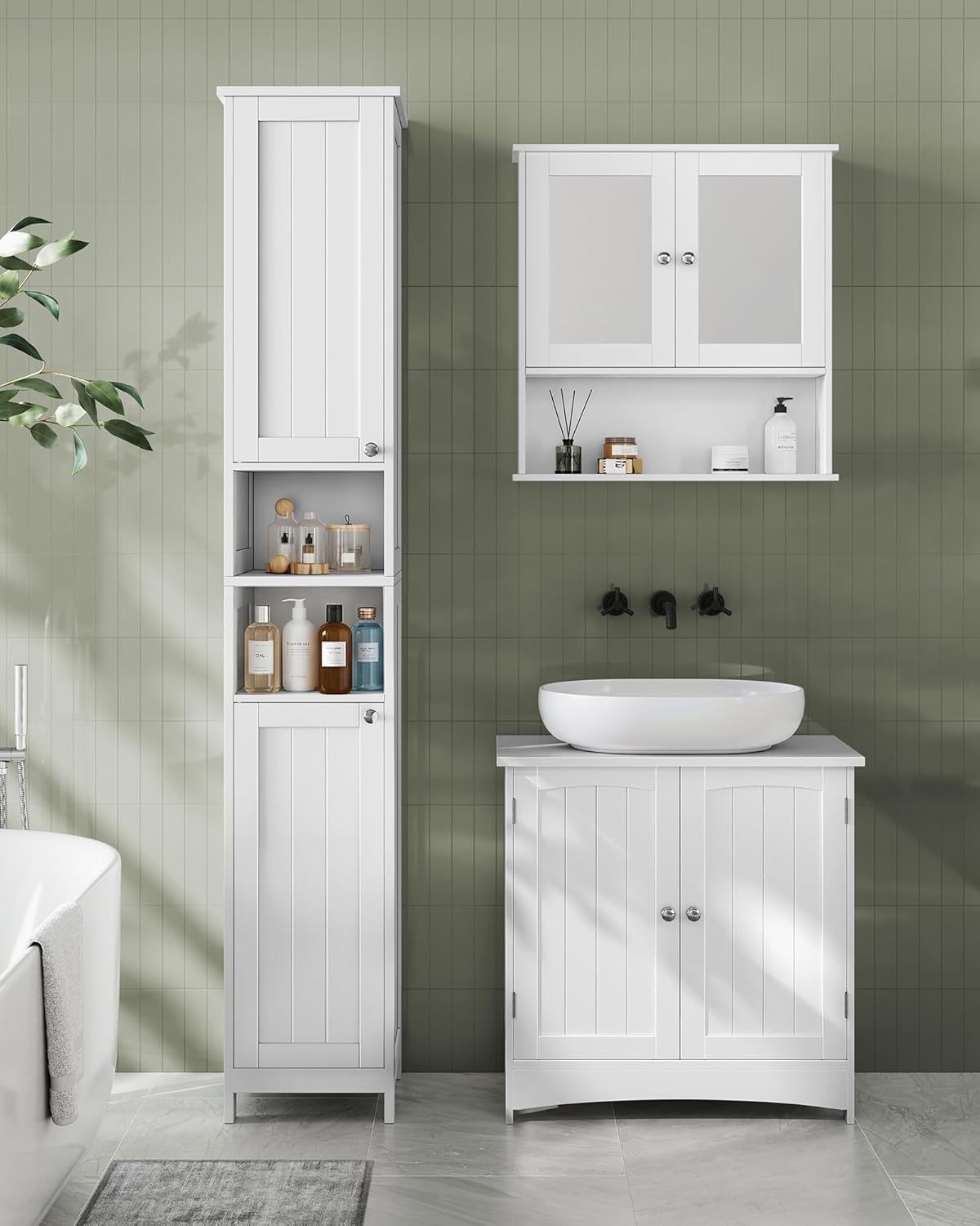 VASAGLE Tall Storage Cabinet with Lights, Slim Freestanding Cabinet with Adjustable Shelves, for Small Spaces, Bathroom, Living Room, Modern, 11.8 Inches Wide, Cloud White UBBC566W02V1