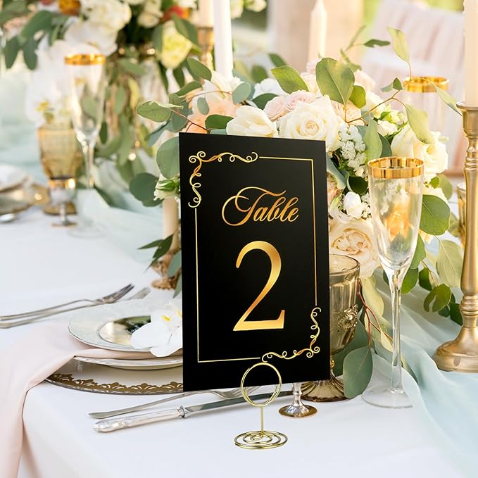 Wedding Table Numbers 1-30 with Head Table Card, Black & Gold Cards and Holders, 1 Set of 31 for Wedding Reception