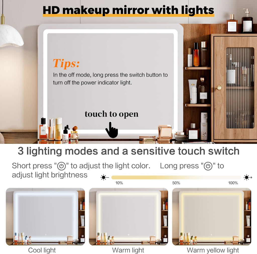 Arulvmrn Vanity Desk with 29.53" HD Lighted Mirror, 47.24" Big Modern Vanity Desk with Mirror and Lights, Makeup Vanity with 5 Drawers and Storage Shelves and Charging Station,Brown