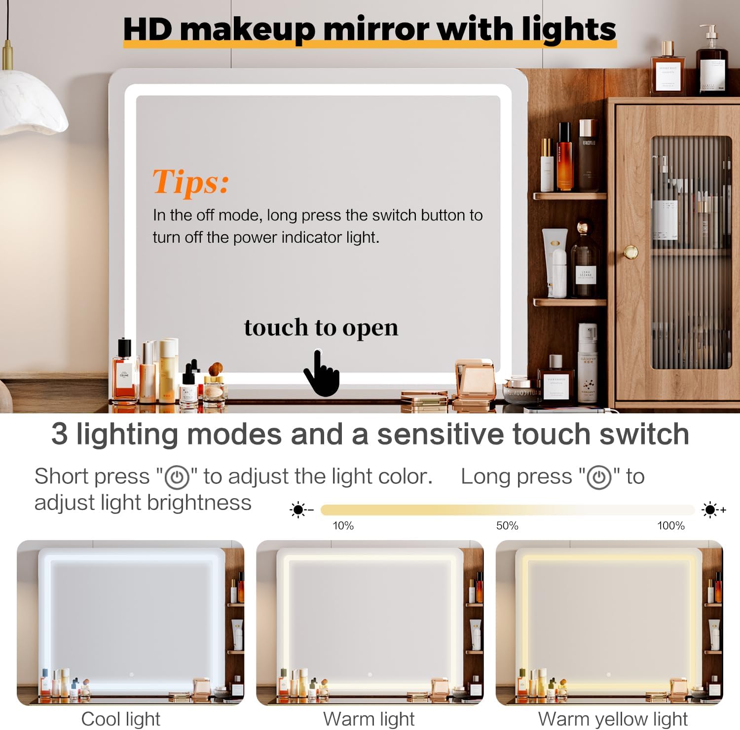 Arulvmrn Vanity Desk with 29.53" HD Lighted Mirror, 47.24" Big Modern Vanity Desk with Mirror and Lights, Makeup Vanity with 5 Drawers and Storage Shelves and Charging Station,Brown