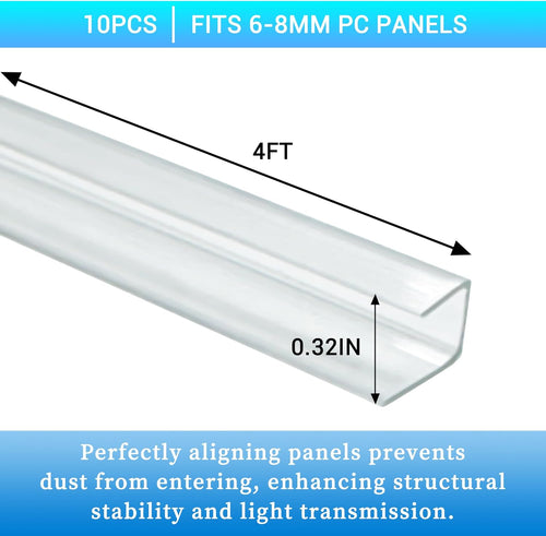 10 PCS Polycarbonate Greenhouse U Connector Profile 4ft Length Fits 0.24’’ & 0.32’’ Twin-Wall Polycarbonate Panels Duty Dust Rain & Moisture Protection Durabler (U-Clip 4' × 0.71’’ × 0.32’’)
