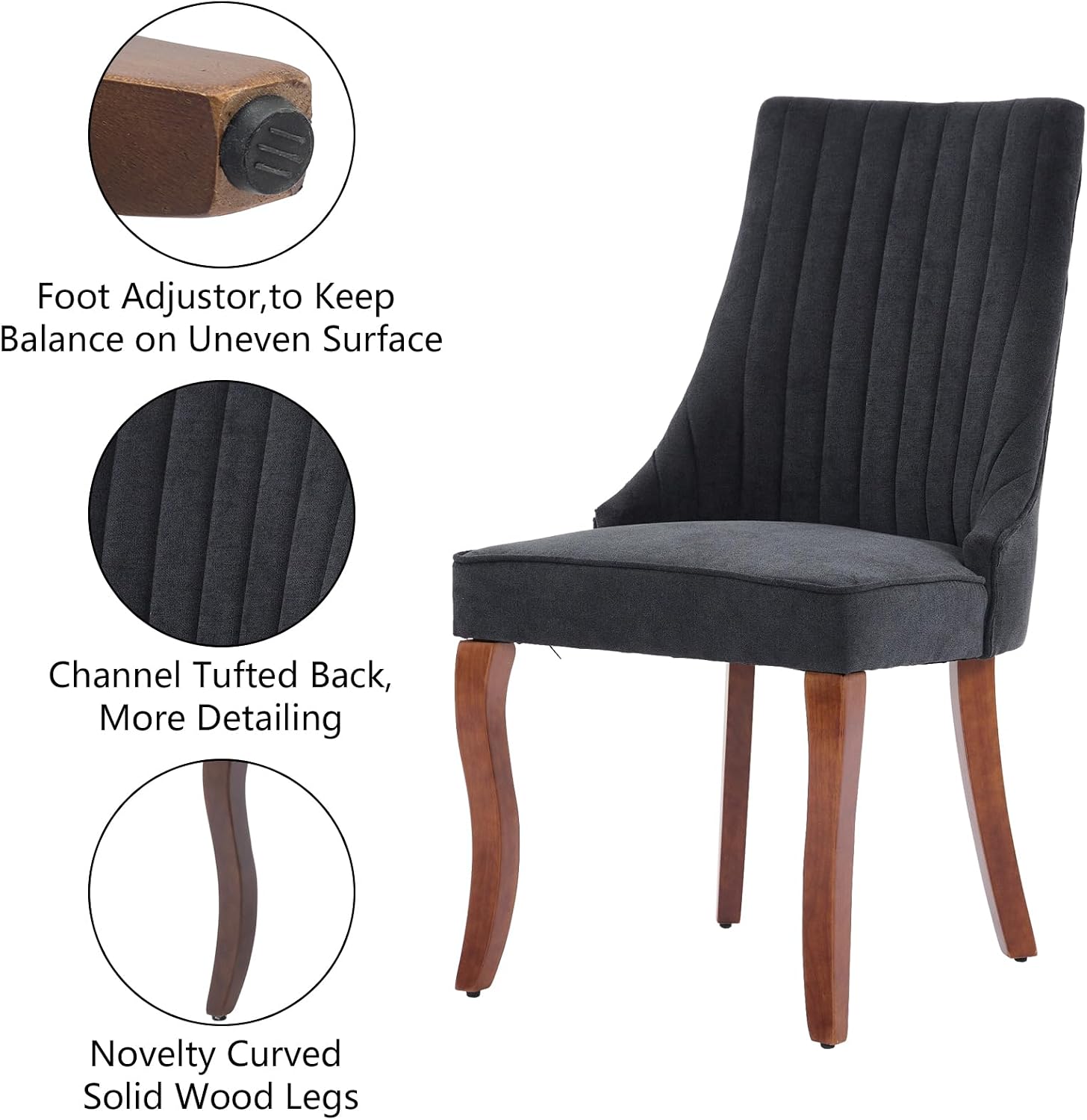 Aoowow Linen Upholstered Black Dining Chairs Set of 2,Farmhouse Channel Tufted Accent Side Chair High Back,Sillas De Comedor,Armless Neutral Fabric Kitchen Chair Solid Wood Legs (Rustic Black 1 Pair)