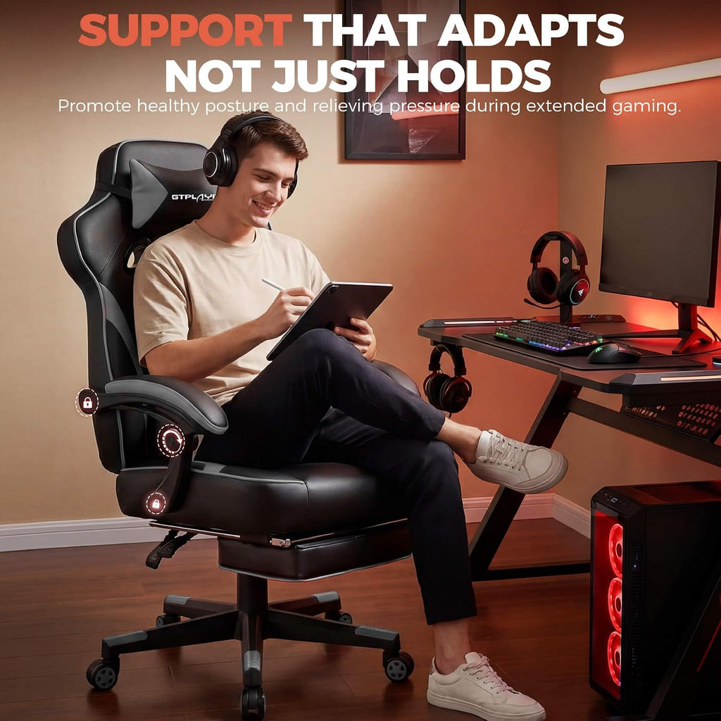 GTPLAYER Gaming Chair for Adults, Big and Tall 350LBS Heavy Duty Office Chair, Ergonomic High Back Lumbar Support and Recliner for Back Pain Relief, Sky Gray