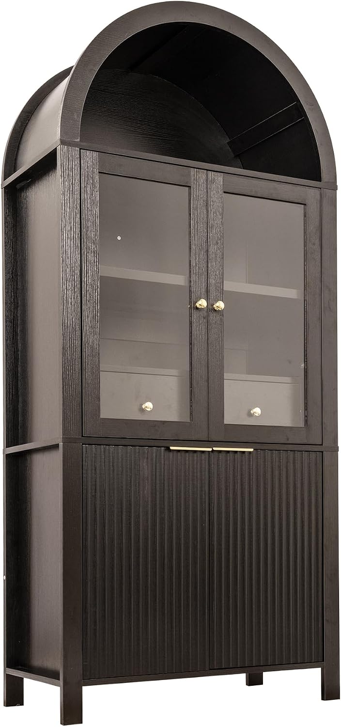 71" Fluted Arched Glass Door Cabinet, Tall Display Cabinet with Adjustable Shelves & Hidden Drawer, Soft Close China Hutch for Kitchen, Dining Room, Living Room (Black)
