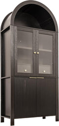 71" Fluted Arched Glass Door Cabinet, Tall Display Cabinet with Adjustable Shelves & Hidden Drawer, Soft Close China Hutch for Kitchen, Dining Room, Living Room (Black)