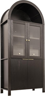 71" Fluted Arched Glass Door Cabinet, Tall Display Cabinet with Adjustable Shelves & Hidden Drawer, Soft Close China Hutch for Kitchen, Dining Room, Living Room (Black)