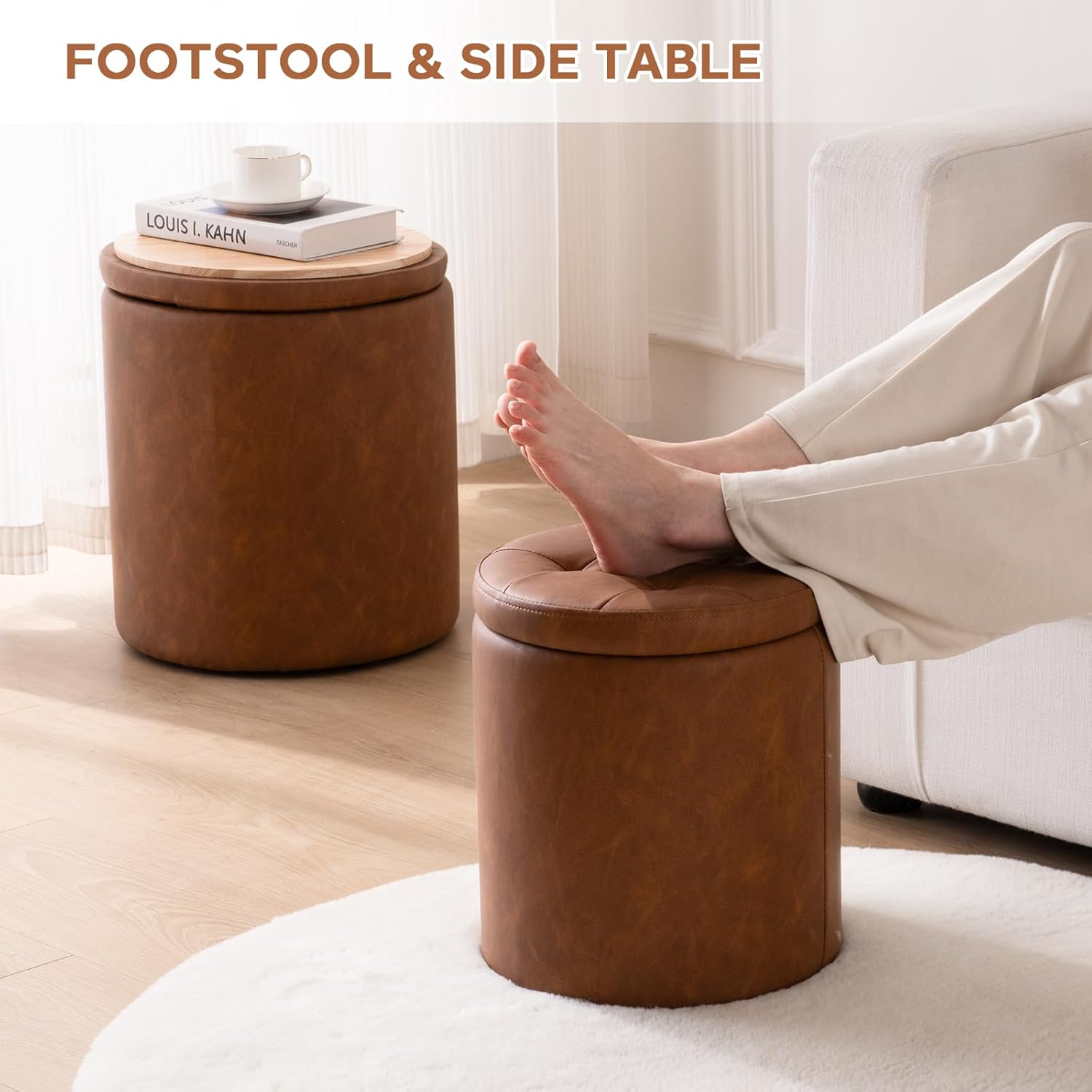 Round Ottoman with Storage Set of 2, 12.6"W x 14.17"H & 14.76"W x 17.32"H Faux Leather Button Tufted Storage Ottoman, Boucle Vanity Stool Footrest Coffee Table for Living Room, Bedroom, Brown