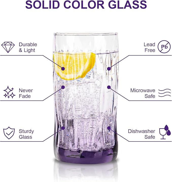 CREATIVELAND Solid Color Drinking Glasses Set of 6, 13.5 OZ Wind-blown Ripples Glass Tumbler Glassware for Water, Juice, Different Options for Home, Restaurant, Hotel, Bar,Purple