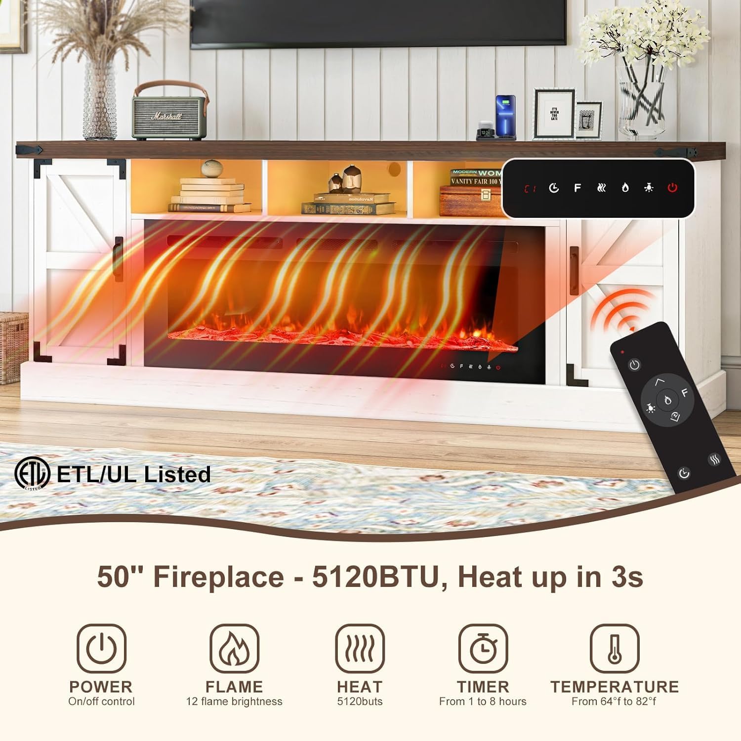 77 INCH Fireplace TV Stand for 85 Inch TVs, Farmhouse Entertainment Center with 50" Electric Fireplace and Power Outlets, LED Media Console Cabinet for Living Room, White