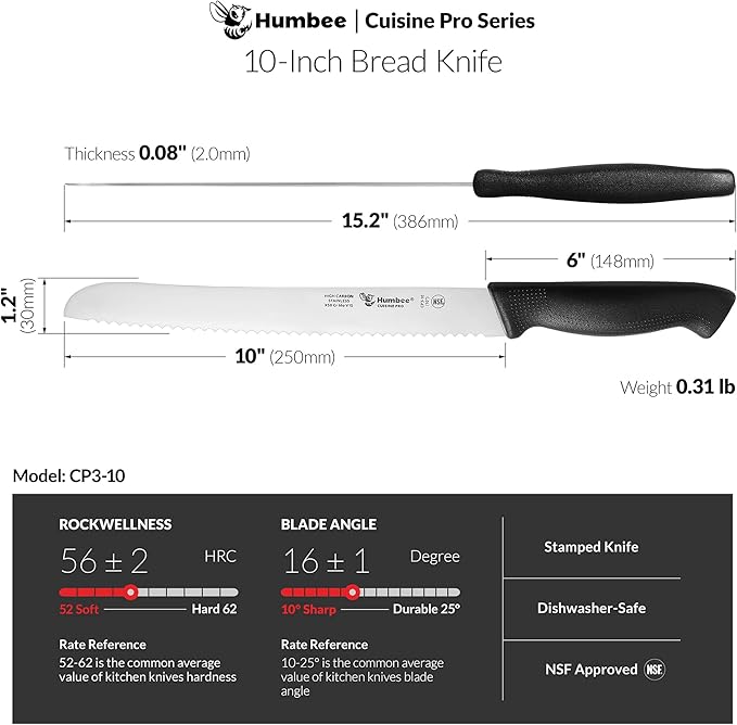 10 Inch Cuisine Pro Serrated Bread Knife, Premium Stainless Steel Wave Edge Razor Sharp Blade Knife for Bread, Dishwasher Safe, NSF Certified, Black