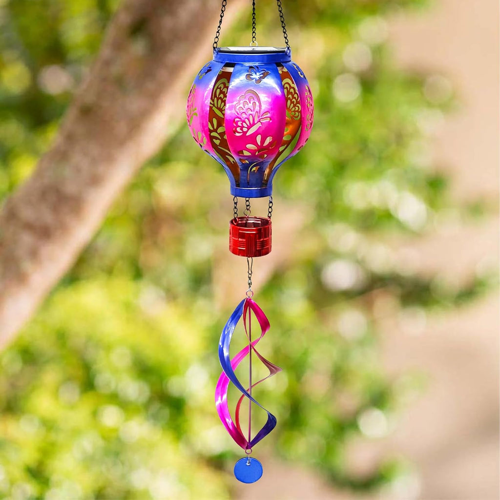 Hot Air Balloon Solar Lantern Butterfly Wind Spinners with Flickering Flame Light Hanging Solar Lantern Outdoor Waterproof Decorations for Outside Patio Garden Yard
