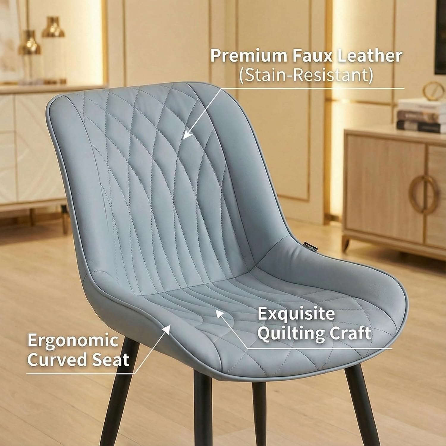 Rowill Dining Chairs Set of 2 Modern Faux Leather Kitchen Chairs with Thickened Metal Frame, Scratch-Resistant Upholstery,Widened Seat & Anti-Slip Pads, Cushioned Backrest for Kitchen,Greyish Green