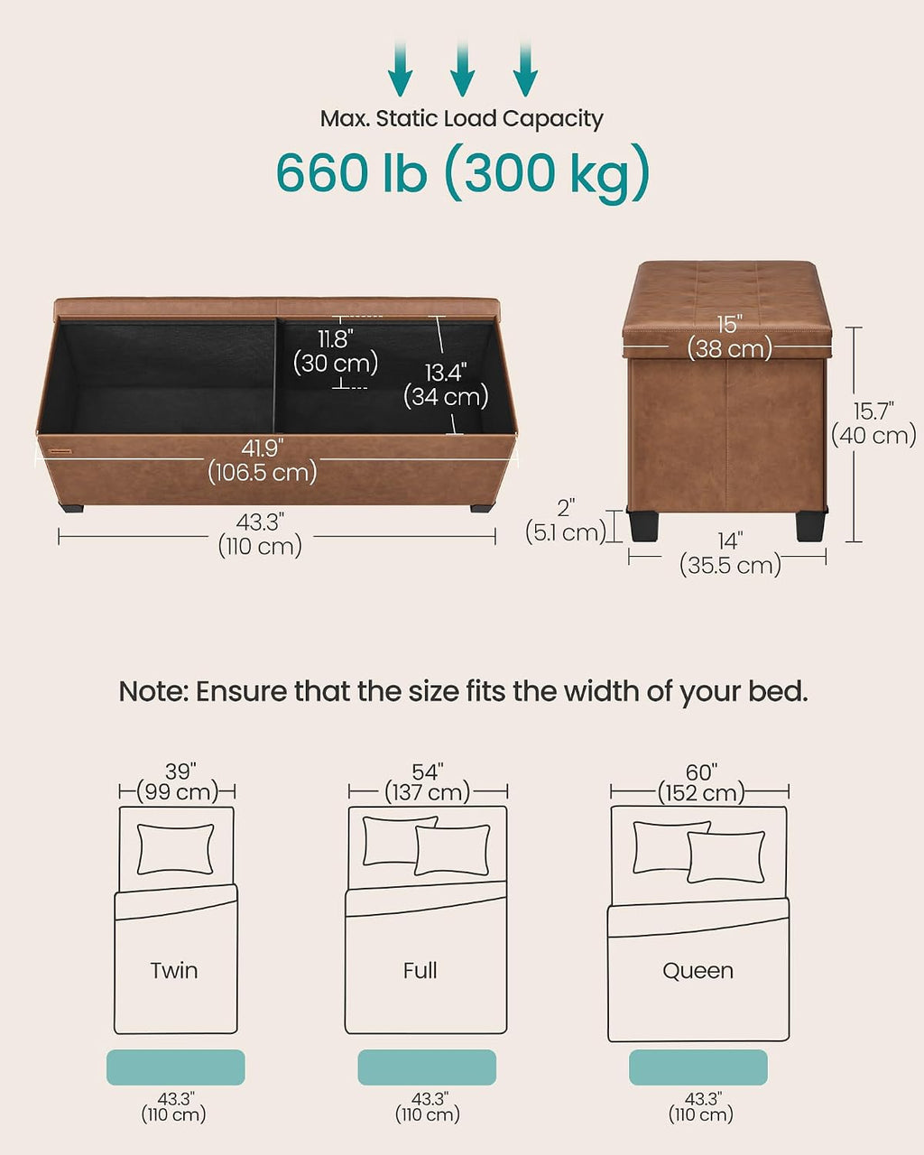 SONGMICS Storage Ottoman Bench with Legs, Flipping Lid, 43.3 Inches | Folding Ottoman Foot Rest, PU Leather, for Living Room, Bedroom, Entryway, Coffee Brown, Mazie Collection ULSF085KQ01