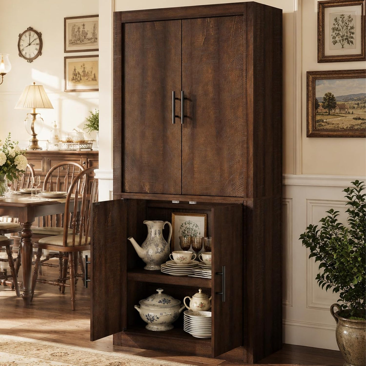 Garvee Tall Farmhouse Pantry Cabinet with Adjustable Shelves, 70.4" Kitchen Storage Cupboard with 4 Doors, Freestanding Microwave Stand and Food Organizer, Dining Area, Rustic Brown