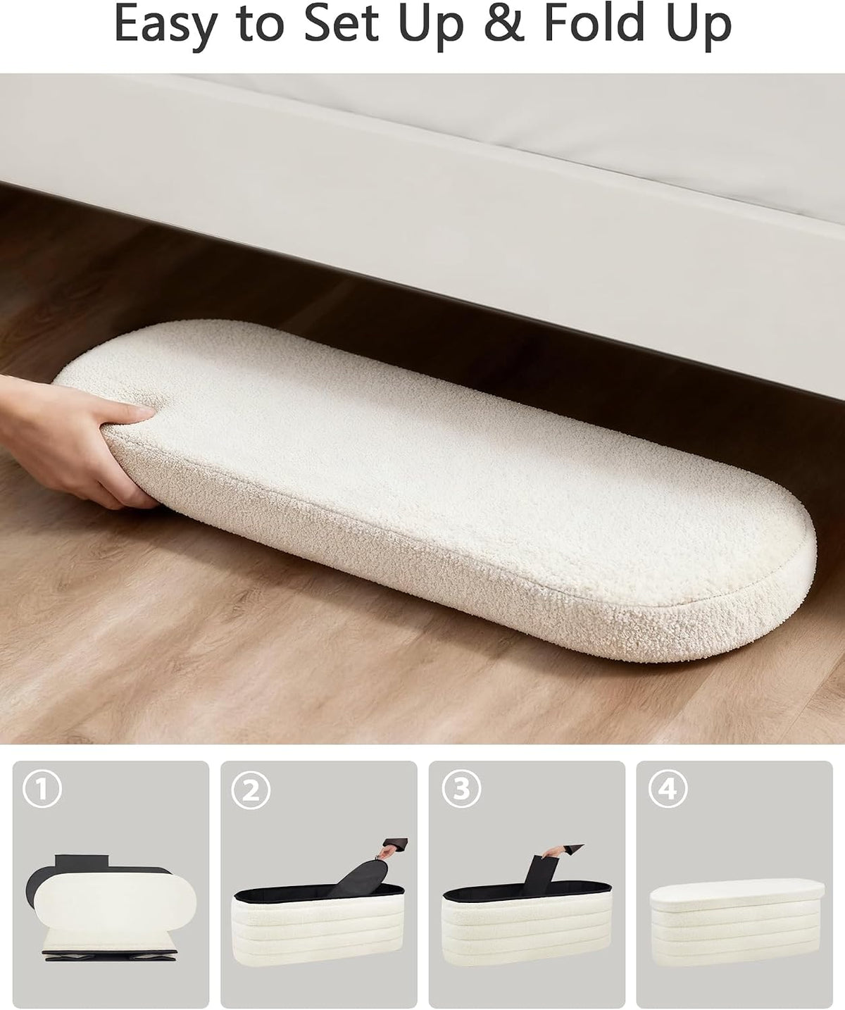 GLAXYFUR Storage Ottoman Bench, 43" Entryway Shoe Seat, Sherpa White | Upholstered Oval Ottoman with Storage, End of Bed Stool Blanket Chest, For Living Room, Hallway