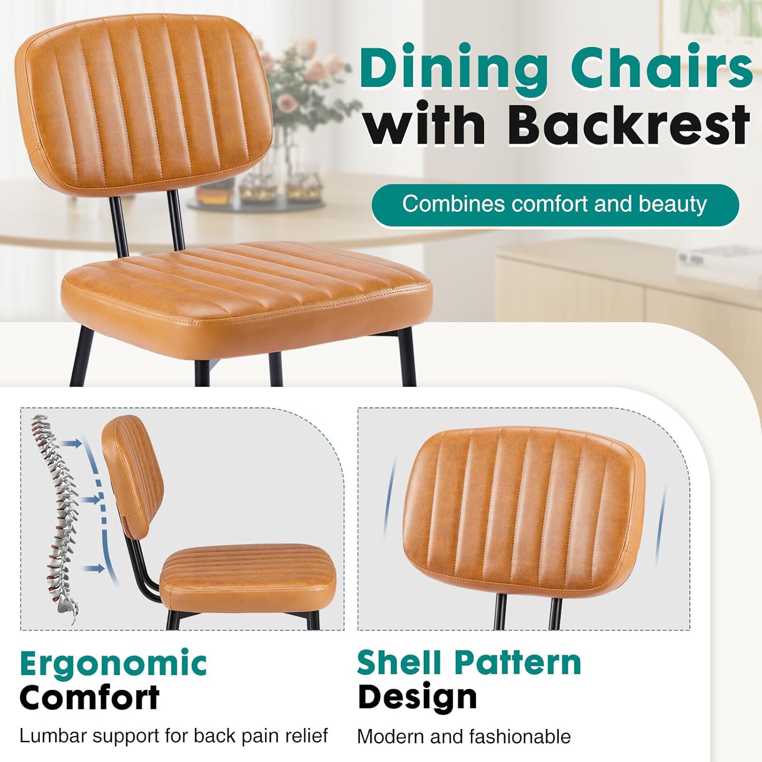 OLIXIS Dining Chairs Set of 4, Modern Upholstered Mid Century Kitchen Chairs with Faux Leather Cushion Seat, Backrest & Metal Legs for Living Room, Bedroom, Home Office, Brown