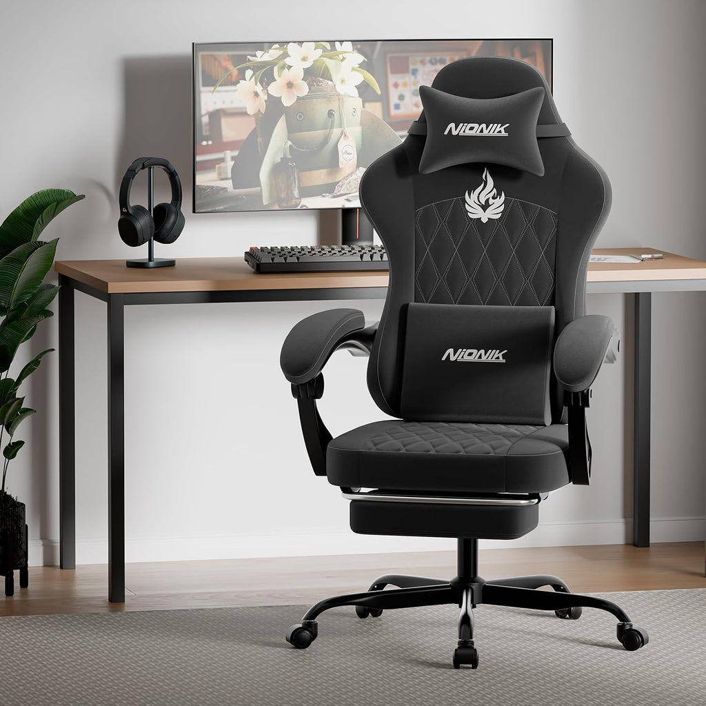 Ergonomic Gaming Chair Video Gamer Chairs Gaming Computer Chairs Gamer Chairs for Adults Massage Lumbar Support Swivel Height Adjustable Headrest Backrest Black