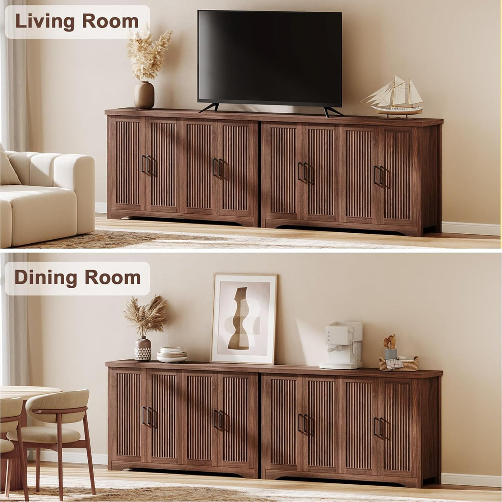 Memobarco Fluted Buffet Cabinet with Storage Accent Sideboard,Modern Credenza with 4 Doors & Adjustable Shelves,Wood Coffee Bar Table Console for Dining Room Kitchen Living Room Entryway, Walnut