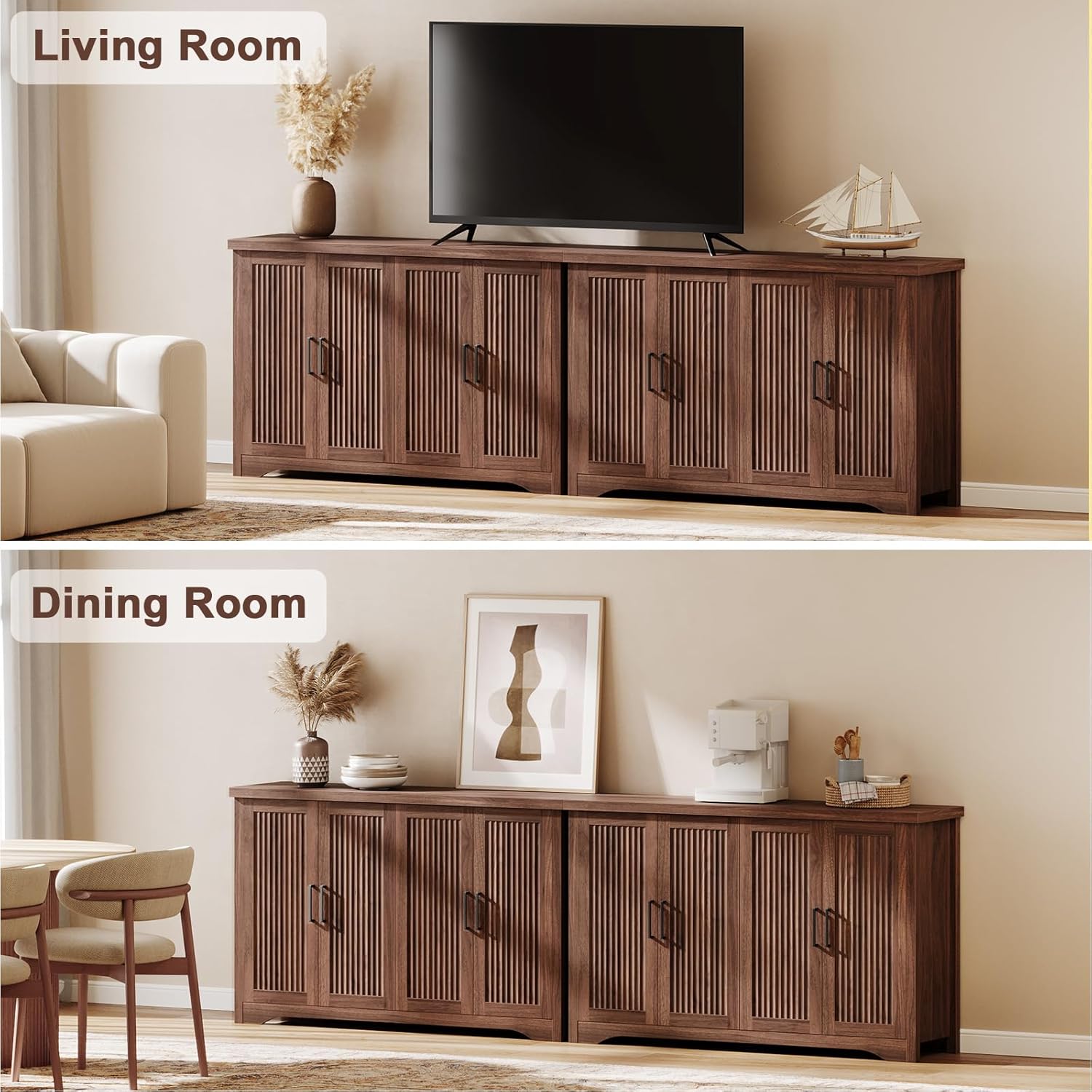 Memobarco Fluted Buffet Cabinet with Storage Accent Sideboard,Modern Credenza with 4 Doors & Adjustable Shelves,Wood Coffee Bar Table Console for Dining Room Kitchen Living Room Entryway, Walnut
