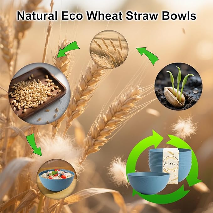 Wheat Straw Salad Bowls for Kitchen set of 6,Anit-Scald Thick Soup Bowls 40oz,Microwave and Dishwasher Safe Bowl set easy to clean. Blue