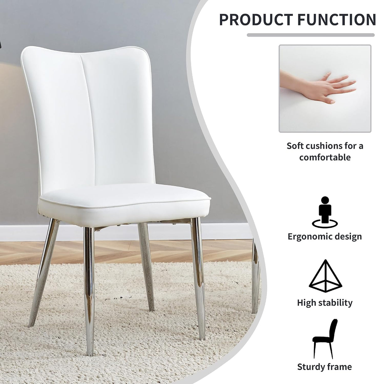 Dining Room Chairs Set - 2x Modern Faux Leather High Back Armless Chairs, Chrome Legs, Upholstered for Home, Living Room
