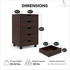 Naomi Home Under Desk Office File Cabinet with 5 Drawers, Rolling Storage Organizer with Lockable Wheels, Handle-Free Design & Spacious Top Surface, Compatible Cabinet for Home Office - Espresso