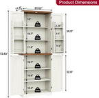 Yusong 72'' Farmhouse Kitchen Pantry Cabinet,Storage Cabinet with 4 Doors and Adjustable Shelves, Wooden Food Pantry Cupboard for Kitchen Dining Living Room Bathroom, Antique White with Wood Top