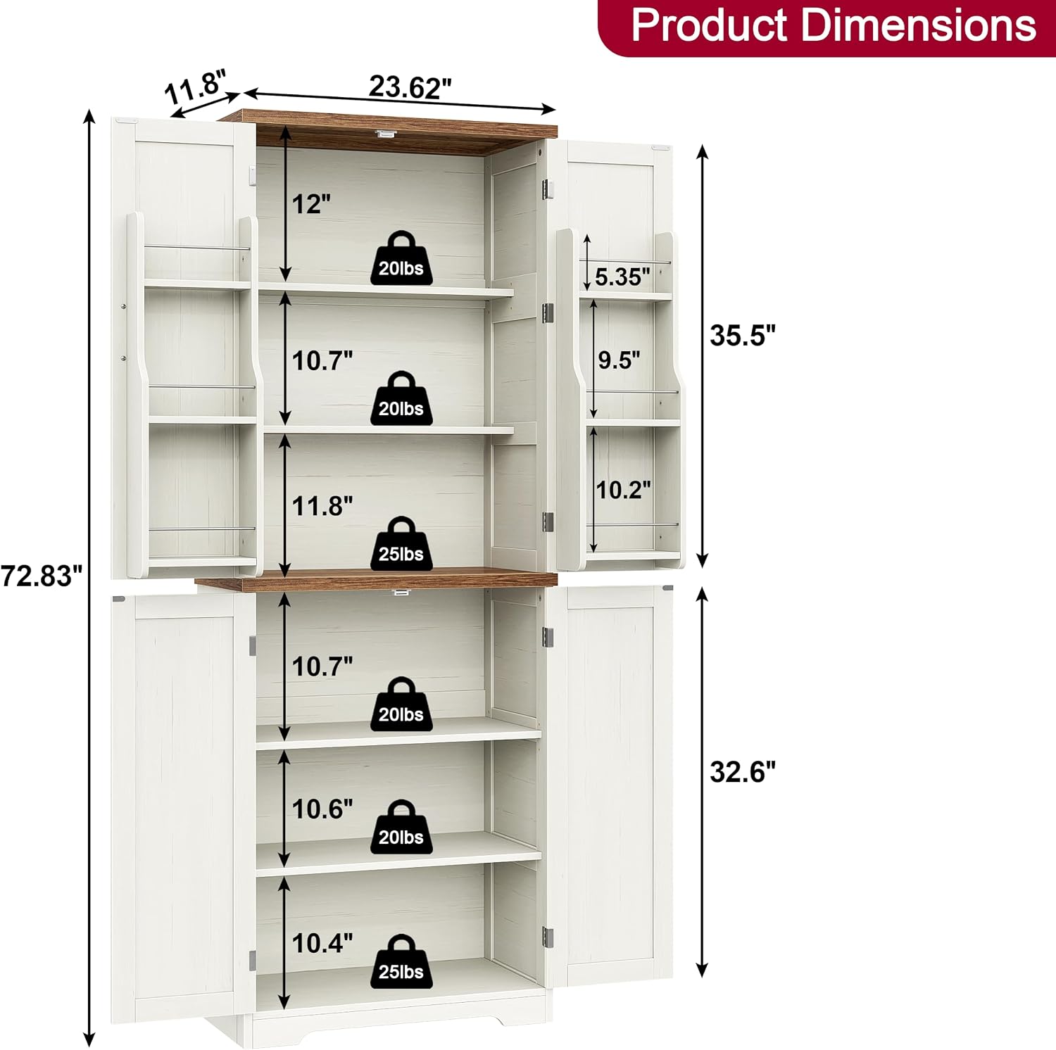 Yusong 72'' Farmhouse Kitchen Pantry Cabinet,Storage Cabinet with 4 Doors and Adjustable Shelves, Wooden Food Pantry Cupboard for Kitchen Dining Living Room Bathroom, Antique White with Wood Top