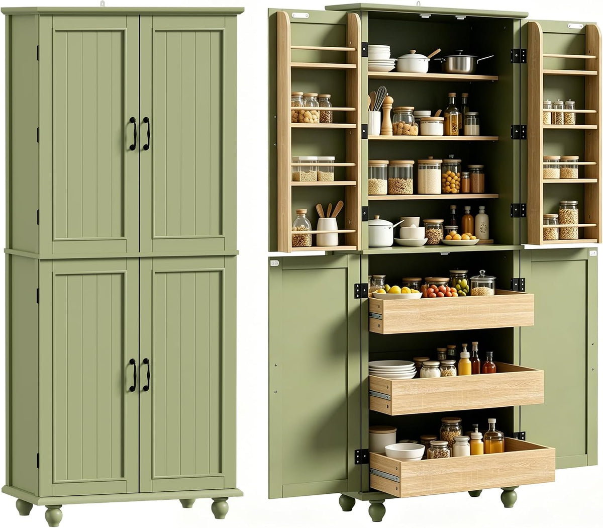 Scurrty Kitchen Pantry Cabinet, 69'' Pantry Storage Cabinet with 4 Doors and Shelves, Farmhouse Kitchen Cabinet with 3 Drawers, Freestanding Wooden Cupboard for Living Room and Dinning Room (Green)