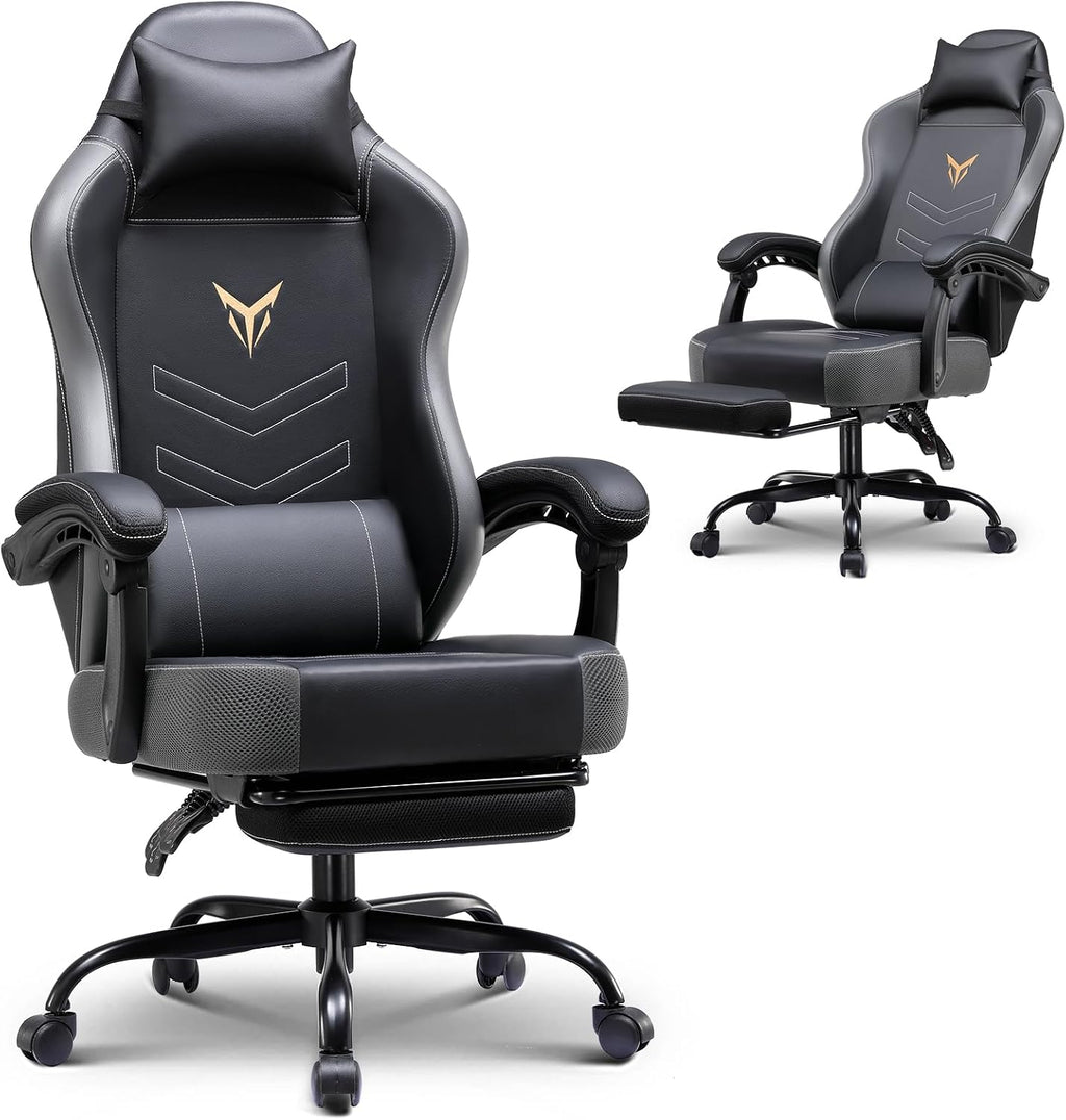 GTPLAYER Gaming Chair with Footrest, Ergonomic Office Chair 300lbs Capacity, Computer Desk Chair with Headrest and Lumbar Support, Linkage Armrests, 90-155° Recline, PU Leather Grey
