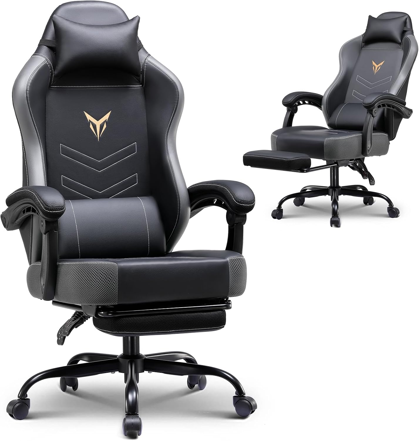 GTPLAYER Gaming Chair with Footrest, Ergonomic Office Chair 300lbs Capacity, Computer Desk Chair with Headrest and Lumbar Support, Linkage Armrests, 90-155° Recline, PU Leather Grey