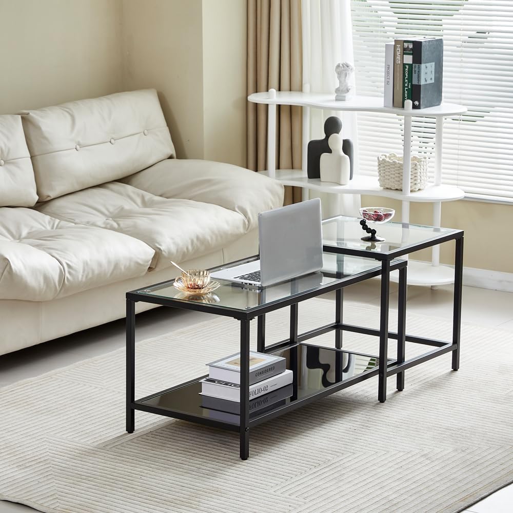 Coffee Table Nesting Set of 2, Center Coffee Table Set with Tempered Glass, Modern Side Tables for Living Room, Bedroom, Office and Nightstand, Black
