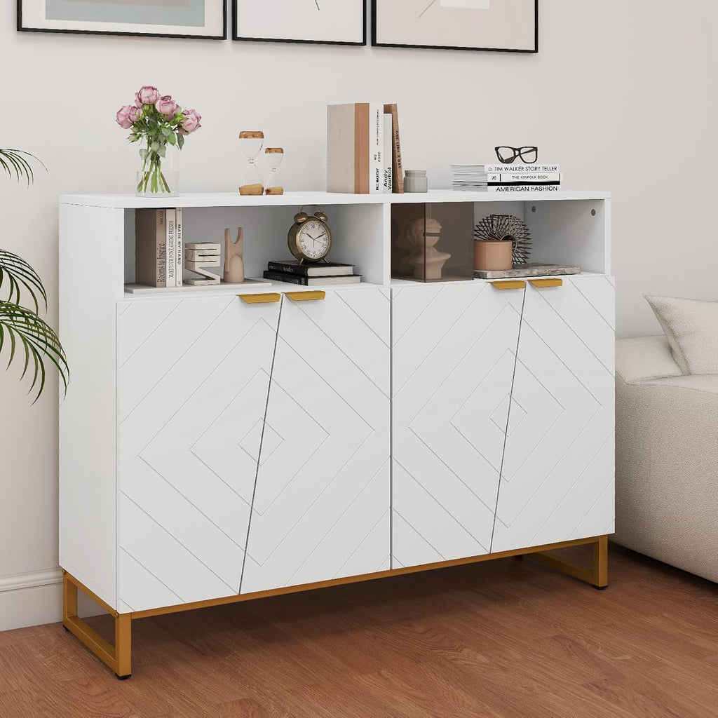 Giantex Buffet Cabinet with Storage, 40" Large Kitchen Sideboard with 4 Doors, 2 Compartments, Adjustable Shelves, Modern Accent Furniture for Living Room Entryway (White)