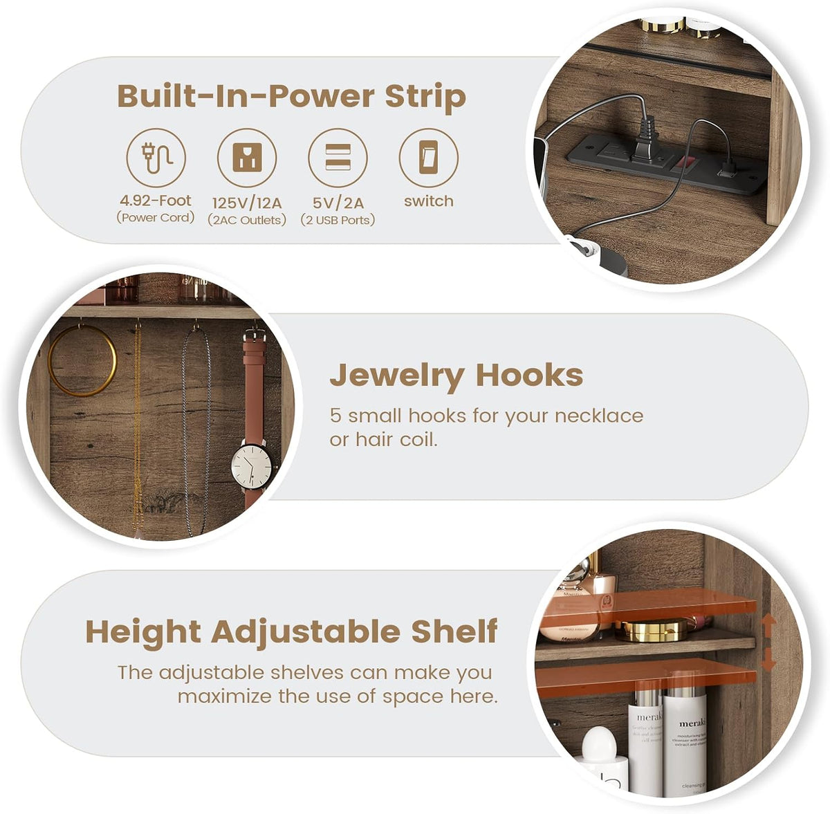 AOGLLATI Makeup Vanity with Lights & Barn Doors, Vanity Desk with Mirror and Lights & Charging Station, Farmhouse Brown Vanity Table with Jewelry Hooks and Open Storage Shelves