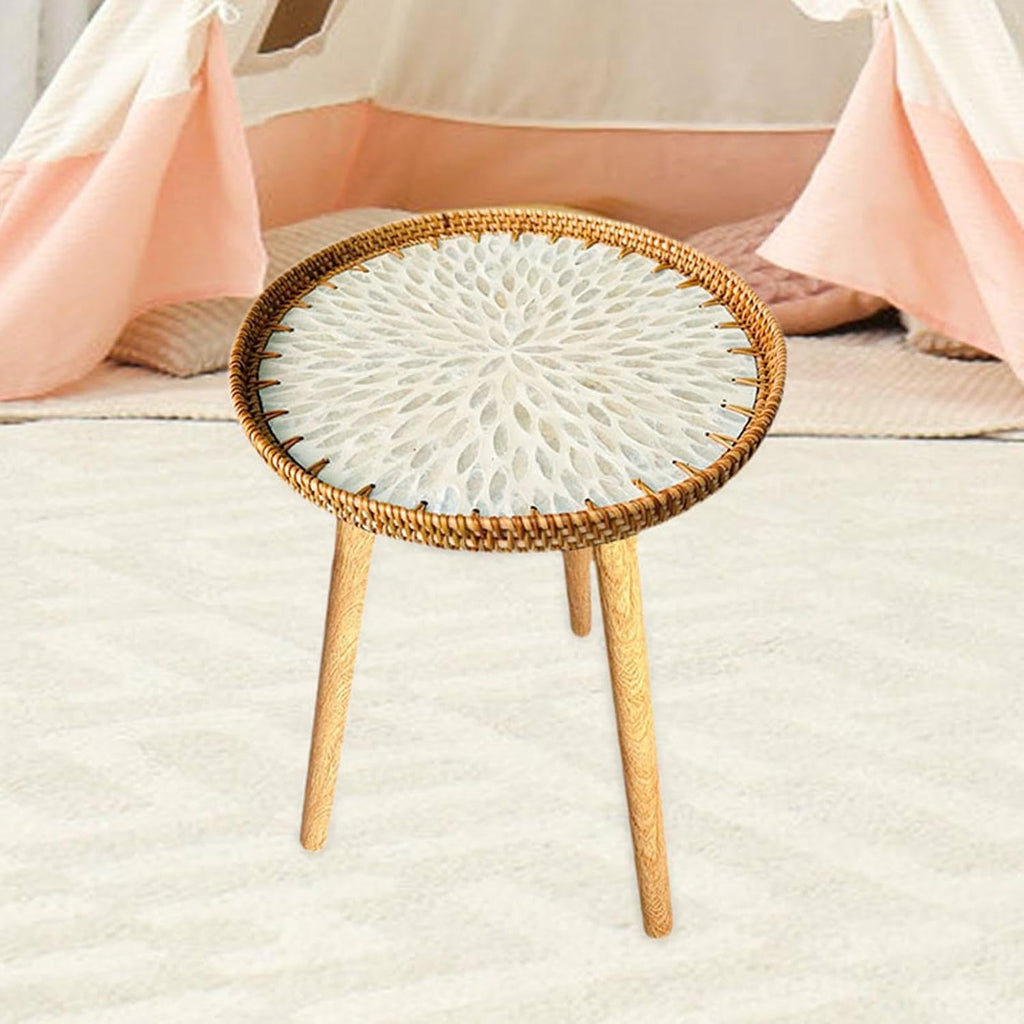 Shell Inlay Side Table, End Table, Home Decoration, Tea Table, Bedside Table for Bedroom, Garden, White Leaves 40cm