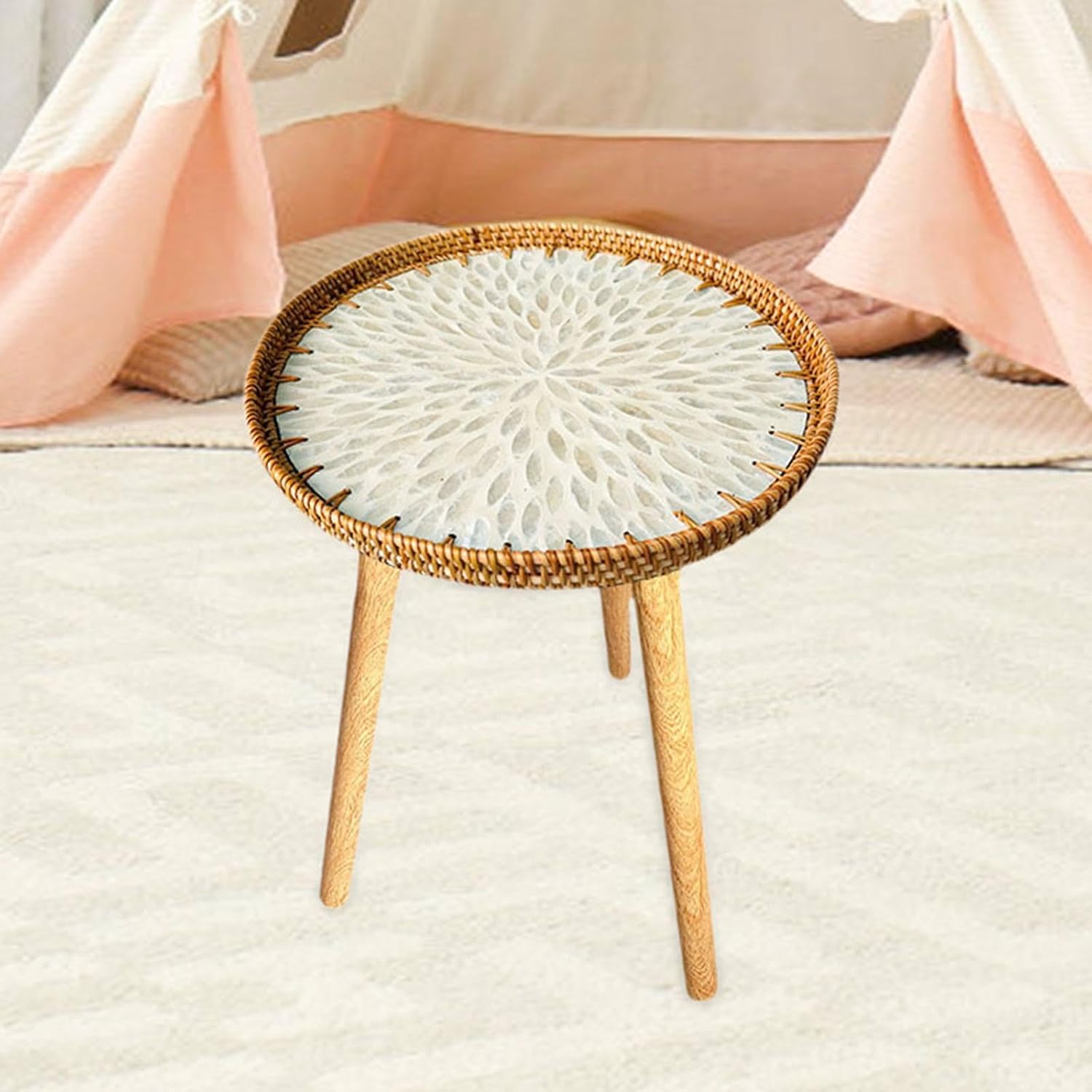 Shell Inlay Side Table, End Table, Home Decoration, Tea Table, Bedside Table for Bedroom, Garden, White Leaves 40cm