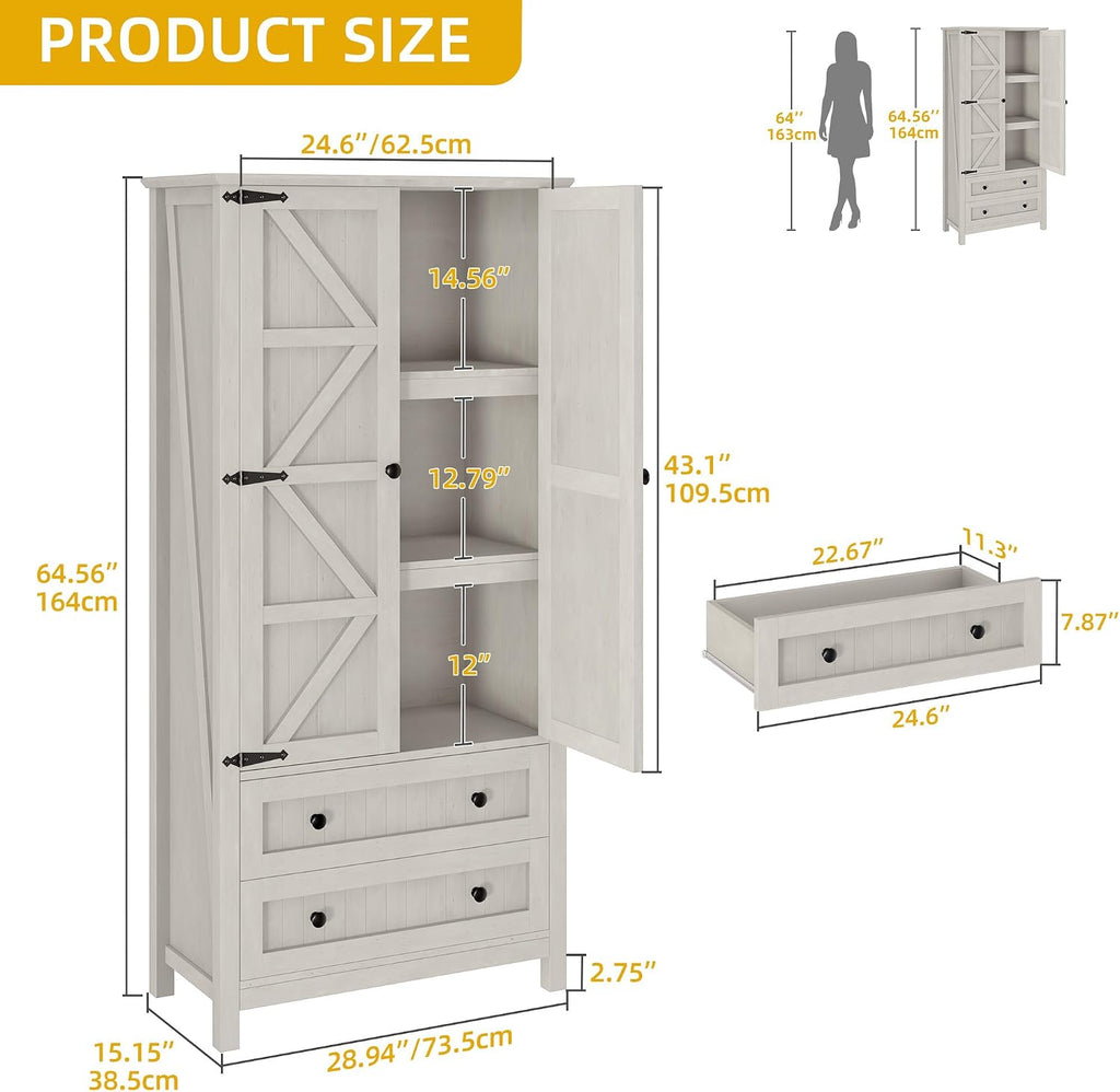 DWVO 64.5" Pantry Cabinet with Barn Doors, 2 Drawers & Shelves, Off White | Farmhouse Storage Cupboard for Dining Room, Living Room, and Bathroom