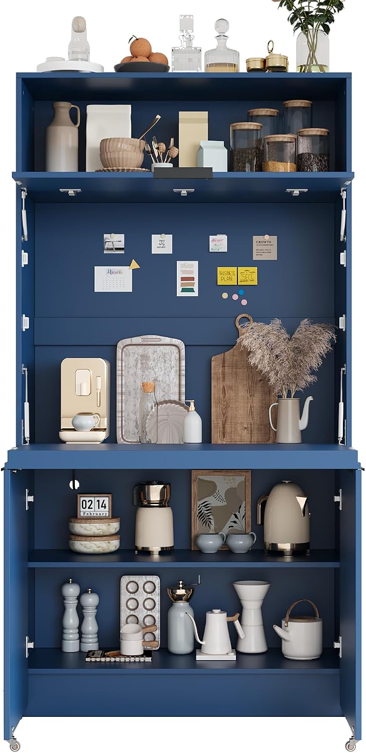 MERITLINE Compact Kitchen Pantry with Hutch and Foldable Workstation, Multifunctional 69''H Buffet Storage Cabinet with Adjustable Shelf & Power Outlet for Dining Living Room (Dark Blue)