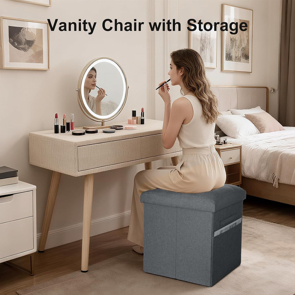 Storage Ottoman, Upgraded 17" High Foot Stools Ottoman for Dorm, Dark Gray | Folding Linen Foot Rest with Thicker Foam Padded Seat. Small Ottoman for Living Room with Side Pocket & Handles, 17x13x17in