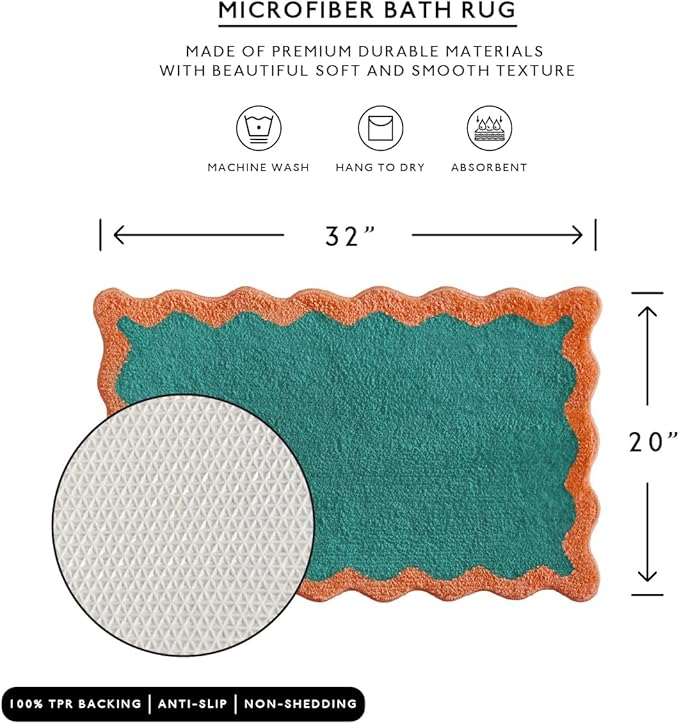 MONDAY MOOSE Bath Mat with Scalloped Wavy Ripple Design, Microfiber Absorbent Non Slip Tufted Rug for Floor, Shower or Kitchen (20x32 inch, Teal Peach)