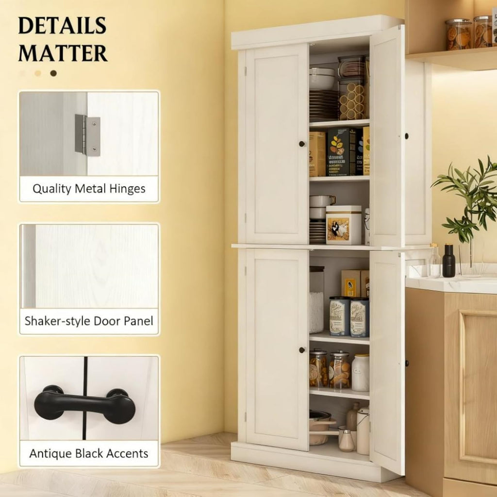White Modern Style Freestanding Food Pantry Cabinet, Kitchen Floor Storage Cabinet with 4 Doors & 6-Tier Shelves, Dining Room Living Room Bathroom, 30x16x72.5 Inches