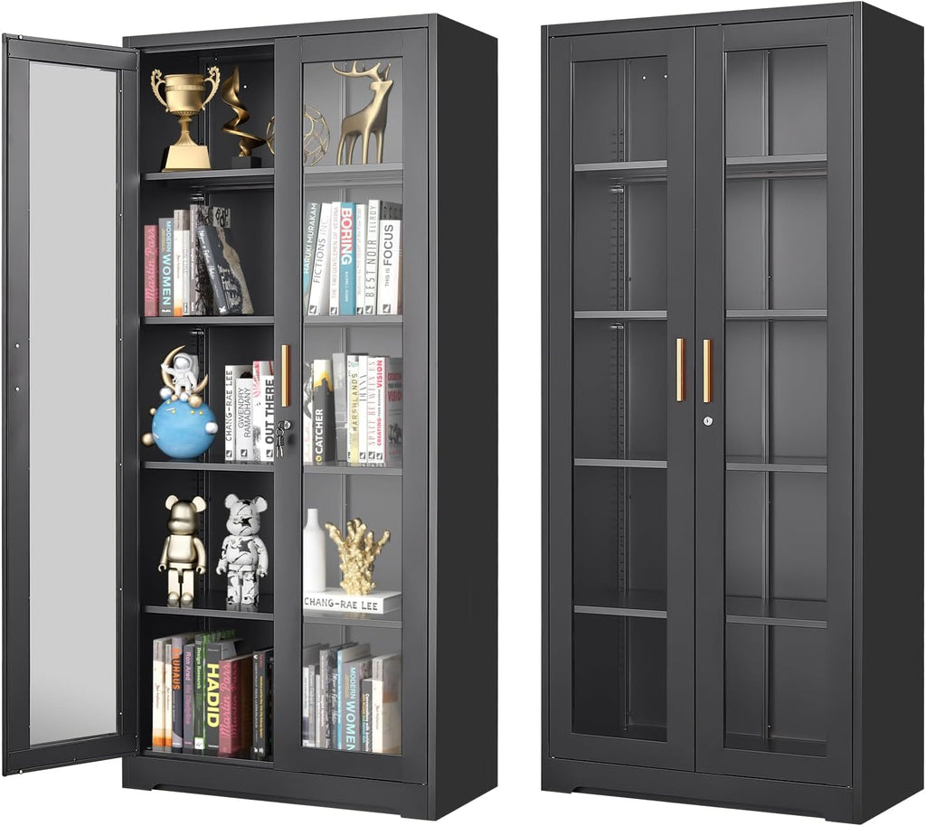 Glass Display Cabinet, 71" Tall Metal Curio Cabinet with Glass Doors, Black Display Case, Storage Cabinets with 4 Adjustable Shelves, Locking Storage Cases for Hallway, Kitchen, Living Room