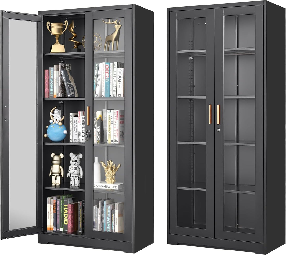 Glass Display Cabinet, 71" Tall Metal Curio Cabinet with Glass Doors, Black Display Case, Storage Cabinets with 4 Adjustable Shelves, Locking Storage Cases for Hallway, Kitchen, Living Room