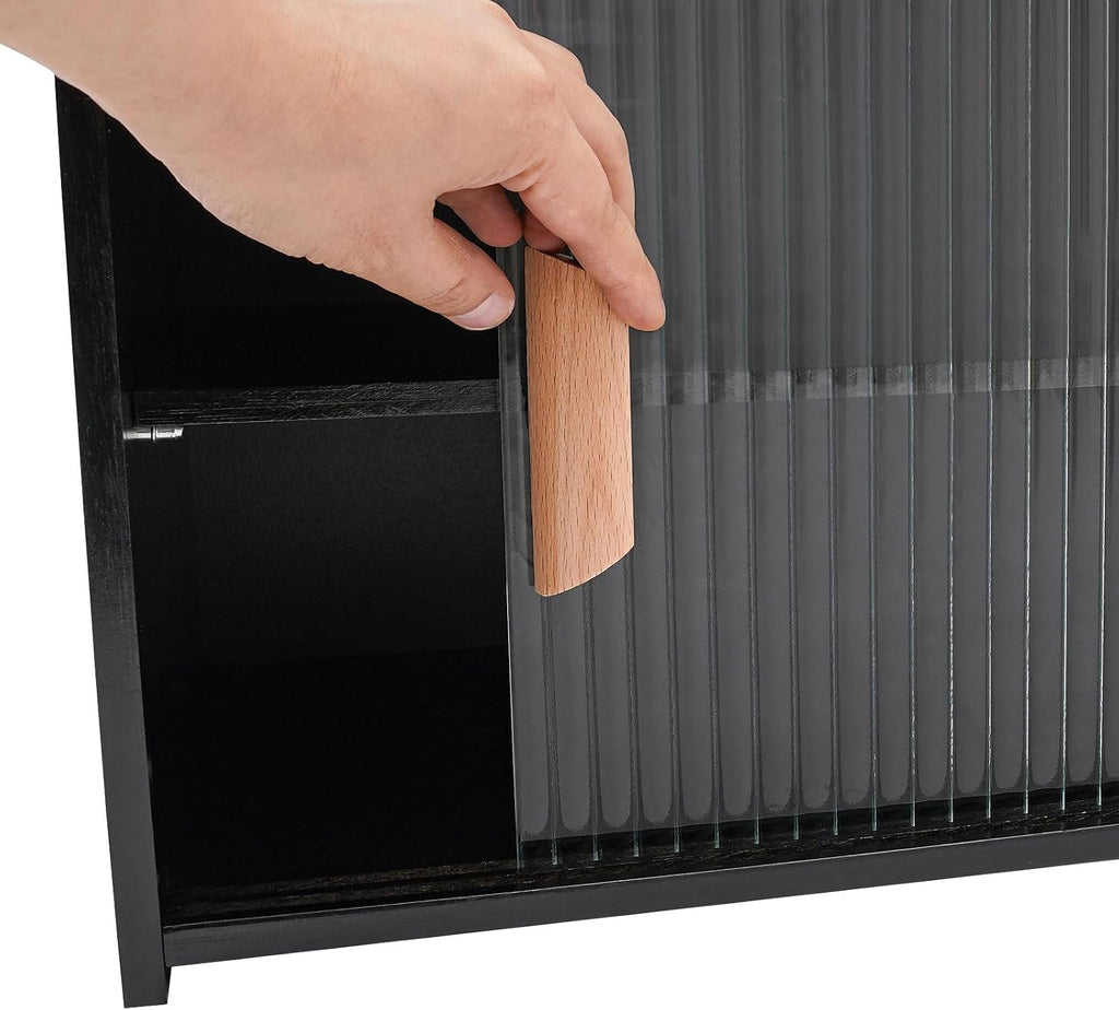 Storage Organizer Countertop Cabinet Bamboo Kitchen Pantry Sideboard Freestanding Kitchen Cabinet Top Floor Open Design 26.4 * 9.8 * 15.3in Adjustable Shelf Height with Cupboard Doors