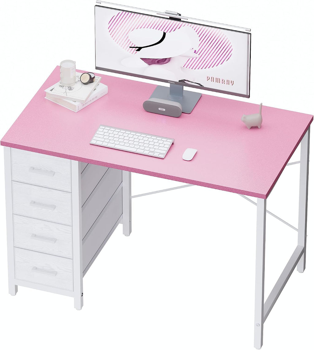 Pamray 32 Inch Computer Desk with 4 Drawers Small Office Desk for Home Bedroom Study Writing Modern Computer Table Pink